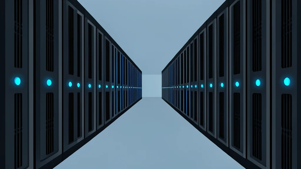 A dense array of server racks in a data center corridor with glowing blue status lights