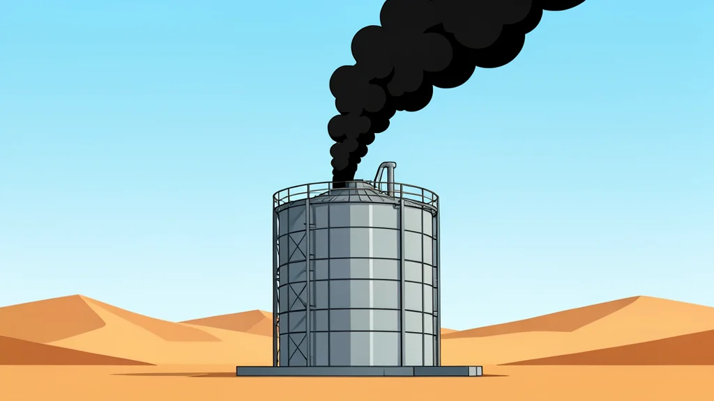 A large industrial fuel storage tank standing in a desert landscape with a plume of black smoke rising from its top