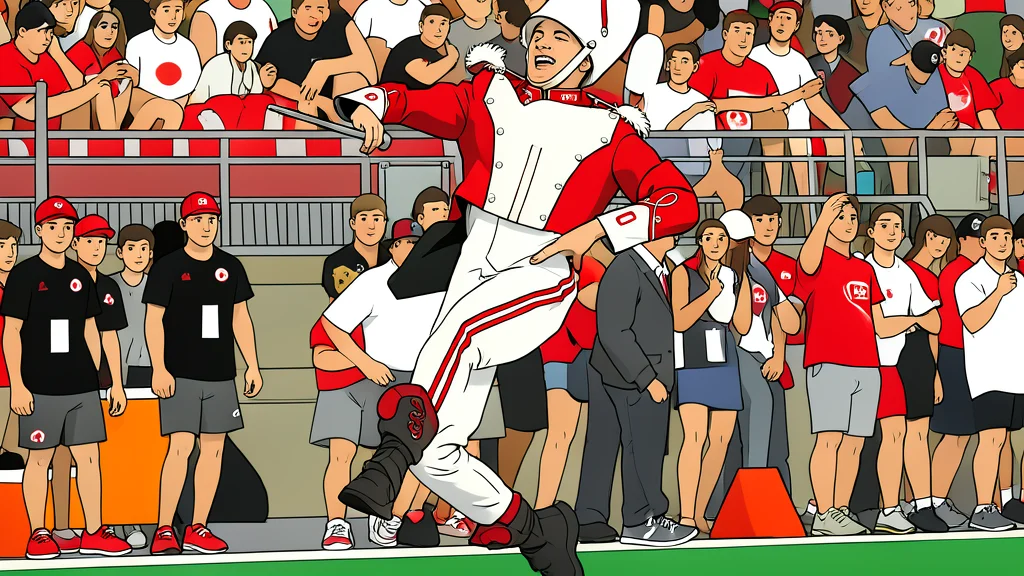 A wide, flat-vector illustration of a large stadium bowl filled with abstract spectators, with a marching band formation in the center of the green field, rendered in bold geometric shapes and vibrant colors.