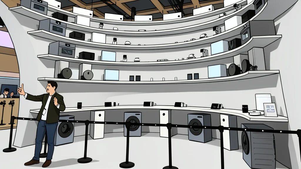 A modern living room with a robotic vacuum cleaner moving across the floor and a refrigerator standing in the background