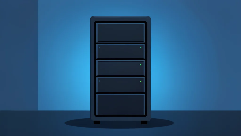 A sleek, modern server rack standing in a dimly lit room with blue ambient lighting