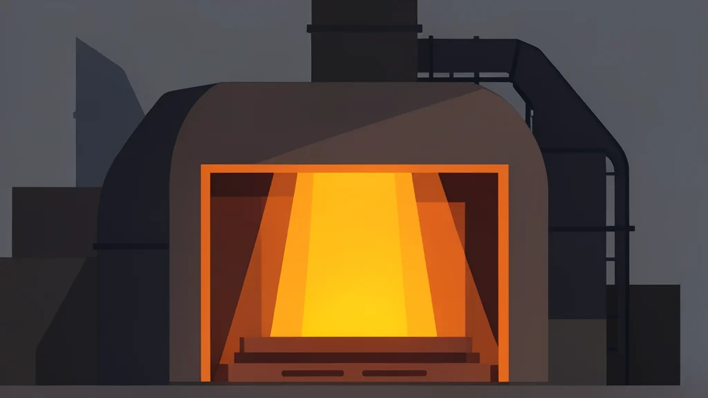 A large industrial furnace glowing with intense orange heat inside a steel mill