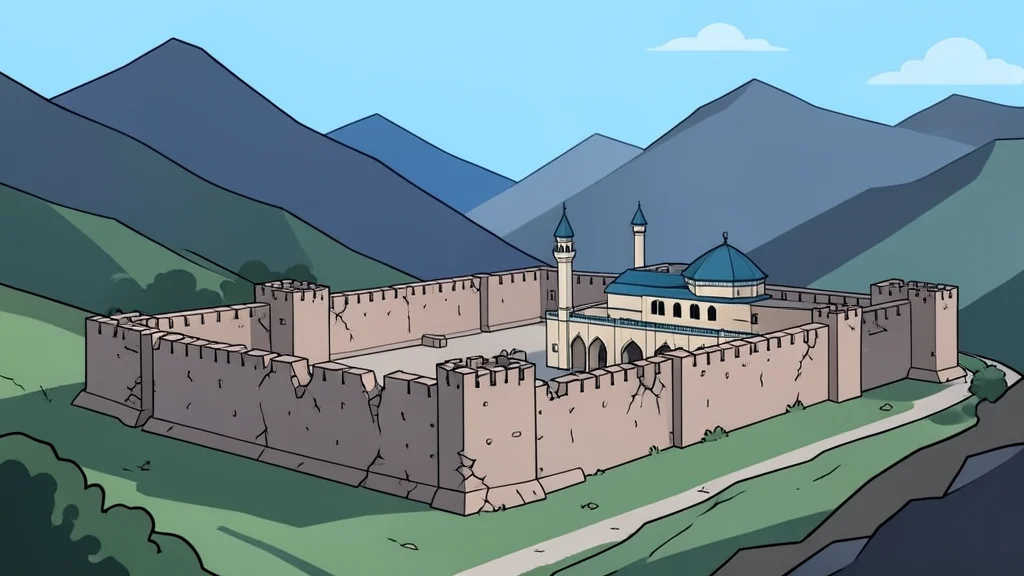 A fortified police compound with damaged walls and a mosque structure in a mountainous region