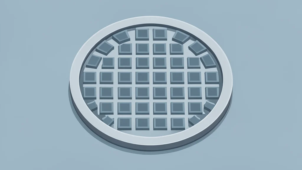 A close-up view of a silicon wafer with a grid of square chips, resting on a clean laboratory surface.