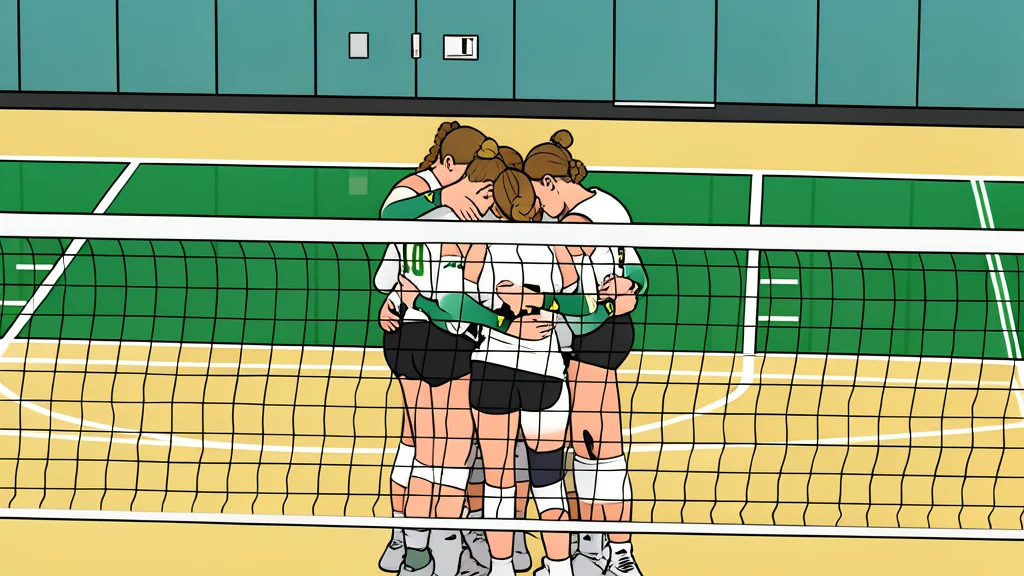 A white volleyball resting on a polished wooden gymnasium floor near a net post