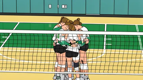 A white volleyball resting on a polished wooden gymnasium floor near a net post