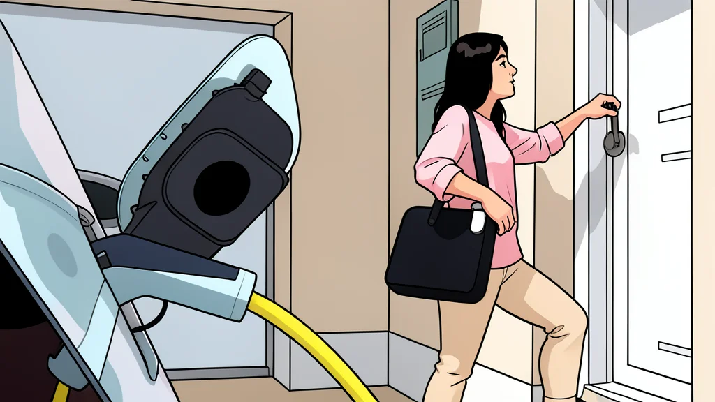 A flat-vector illustration of a modern electric vehicle plugged into a charging station beside a house with a battery unit.