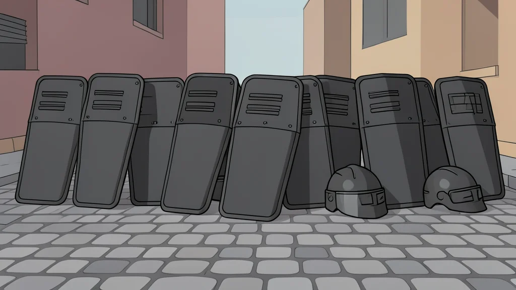 A row of riot shields and helmets resting on a cobblestone street