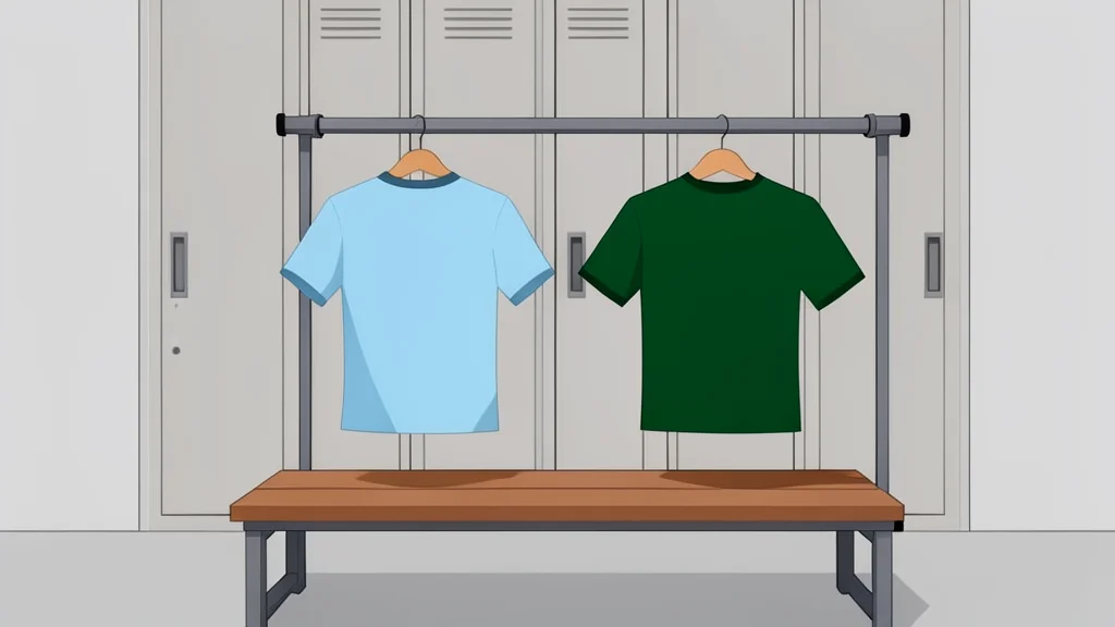Two opposing football kits hanging on a rack in a locker room