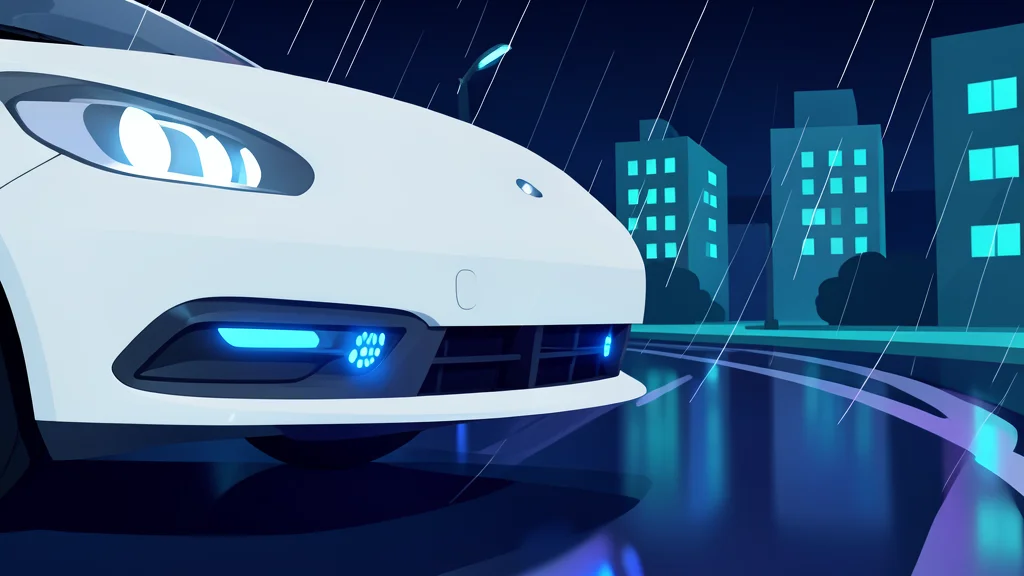 A self-driving car navigating a wet, rain-slicked city street at night
