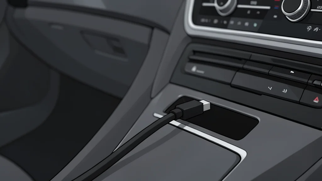 A smartphone connected by a cable to a car dashboard interface