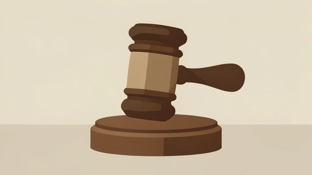 A wooden gavel resting on a sound block in a minimalist courtroom setting.