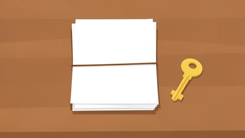 A brass key resting on a wooden desk next to a stack of paper documents tied with string.