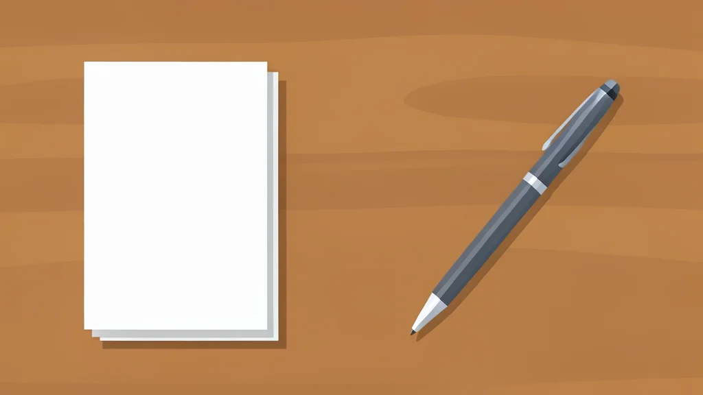 A wooden desk with a stack of index cards and a pen