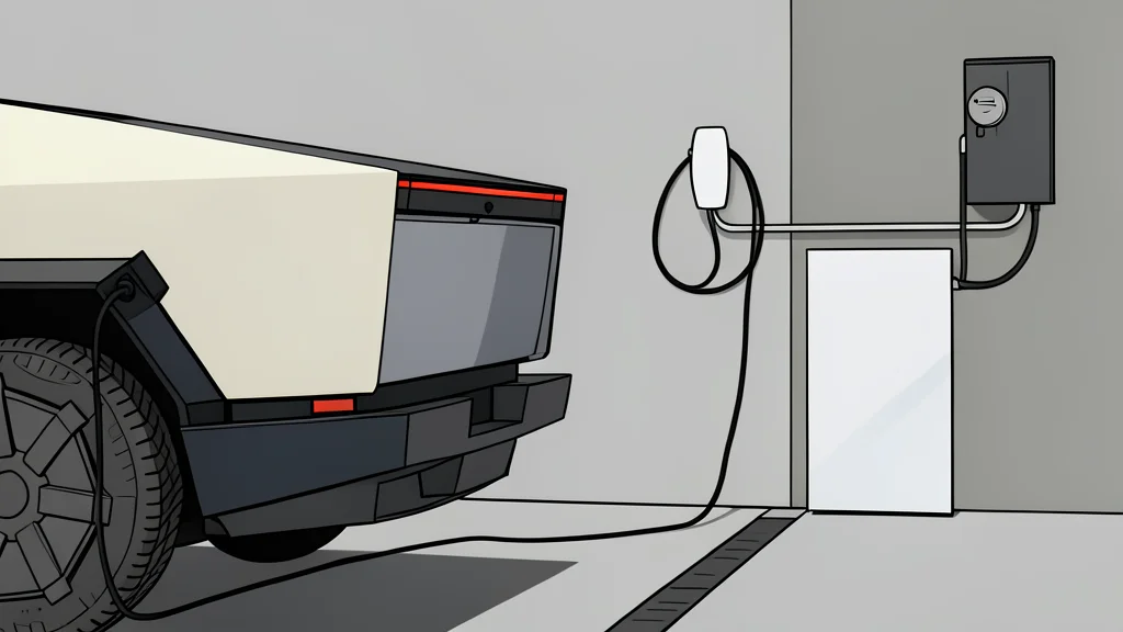 A modern electric pickup truck plugged into a residential wall outlet next to a white battery storage unit