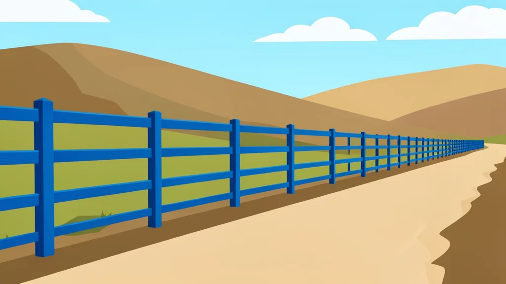 A blue metal barrier fence running along a dusty rural road in a hilly landscape