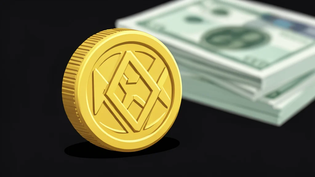 A single digital coin resting on a neat stack of paper currency.