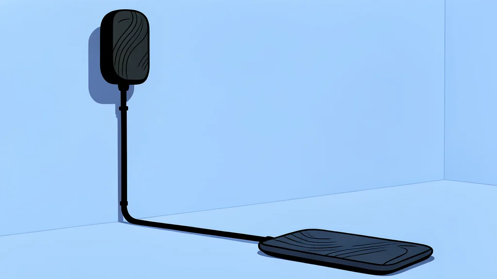 A flat, rectangular charging pad resting on a concrete parking surface next to a parked electric vehicle