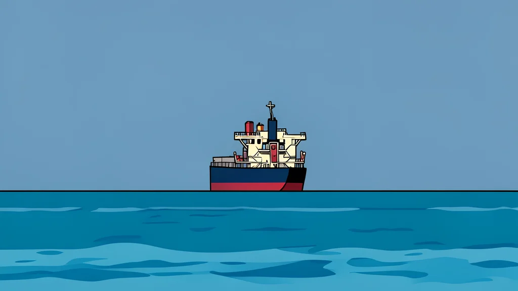 A large oil tanker ship navigating through a narrow, rocky strait