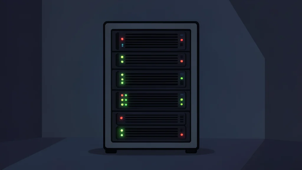 A small, self-contained server rack with blinking status lights in a dimly lit room