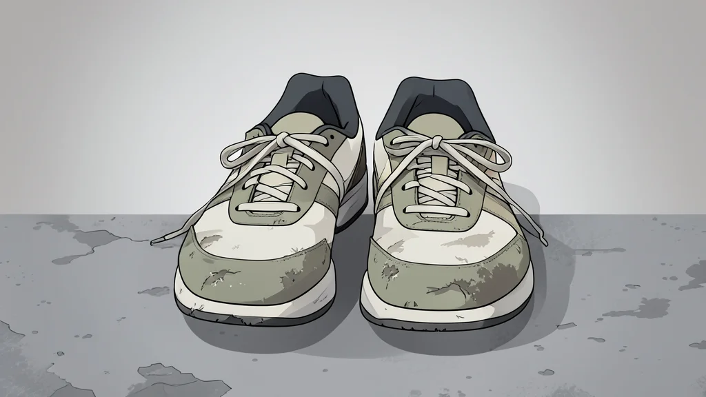 A pair of worn athletic sneakers resting on a concrete surface