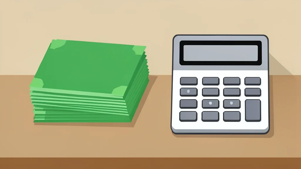 A stack of paper currency and a calculator on a wooden desk