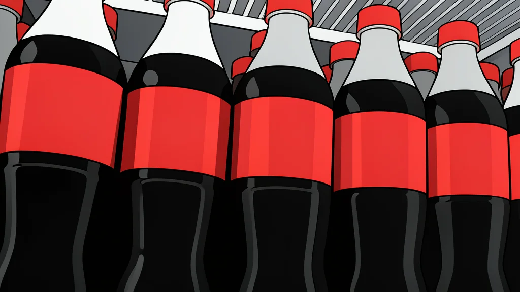 A glass bottle filled with dark carbonated liquid and ice cubes