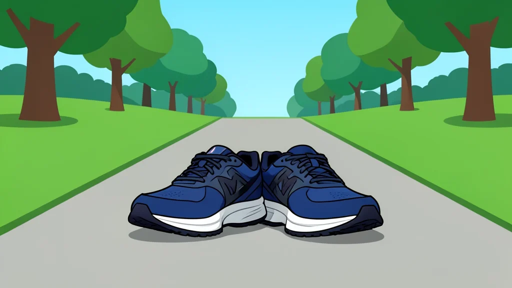 A pair of running shoes placed on a paved path in a park