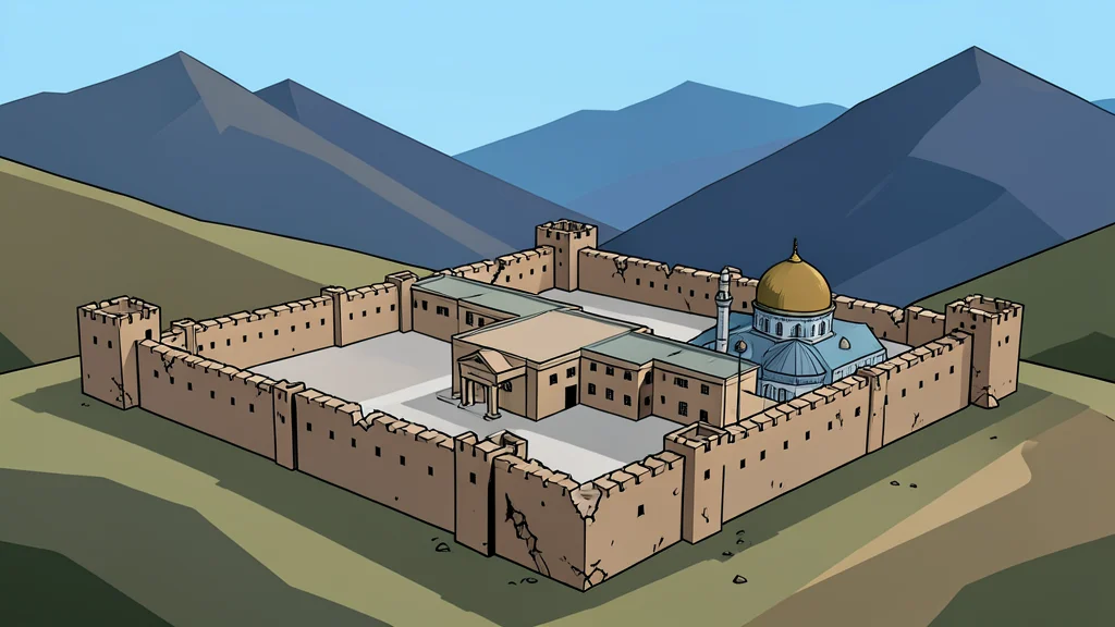 A fortified police station compound with damaged walls and a mosque structure in a mountainous region