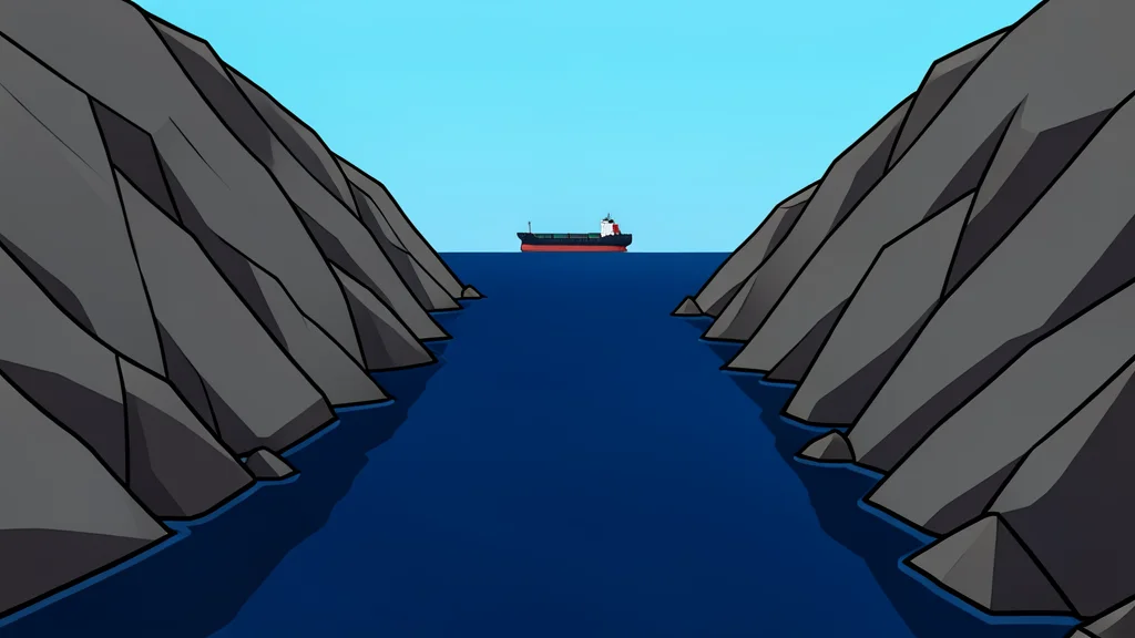 A narrow, rocky strait with dark blue water and a single cargo ship in the distance