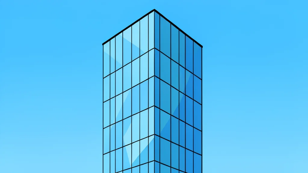 A modern glass skyscraper facade reflecting a clear blue sky