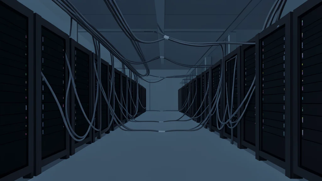 A vast, dimly lit industrial hall filled with rows of tall, black server racks and thick bundles of fiber optic cables connecting them.