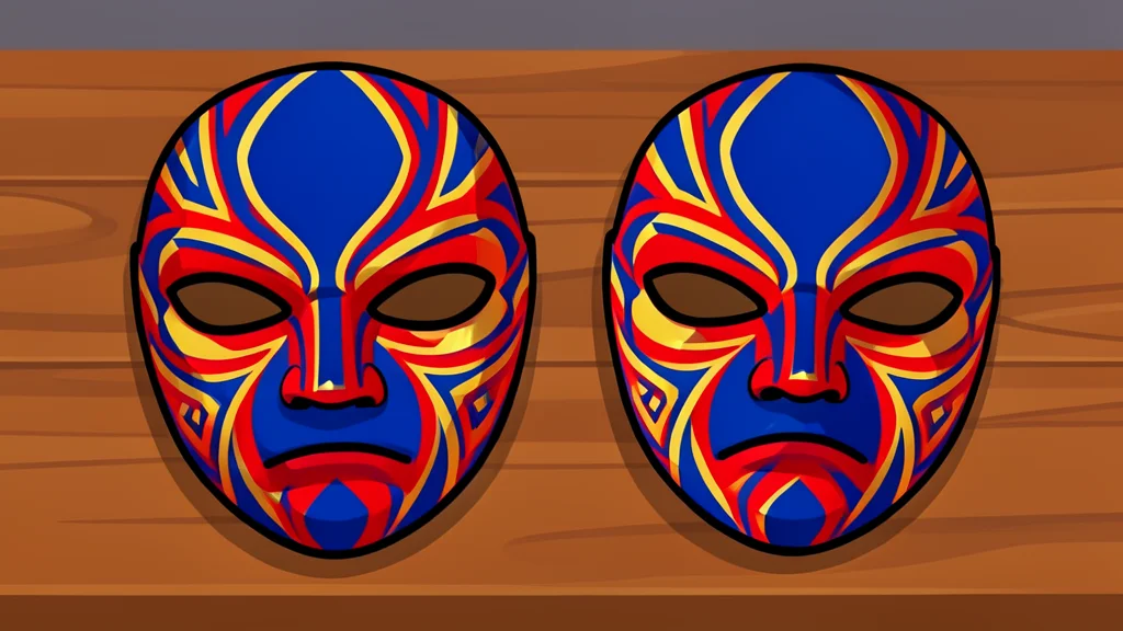 A pair of colorful wrestling masks resting on a wooden table