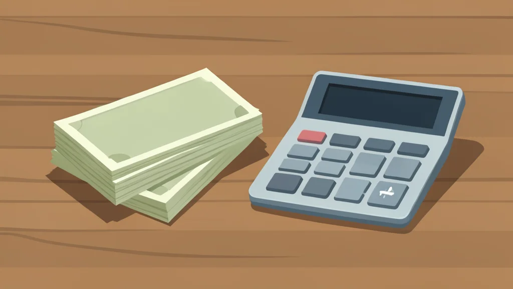 A flat vector illustration of a stack of paper currency and a calculator on a wooden desk.