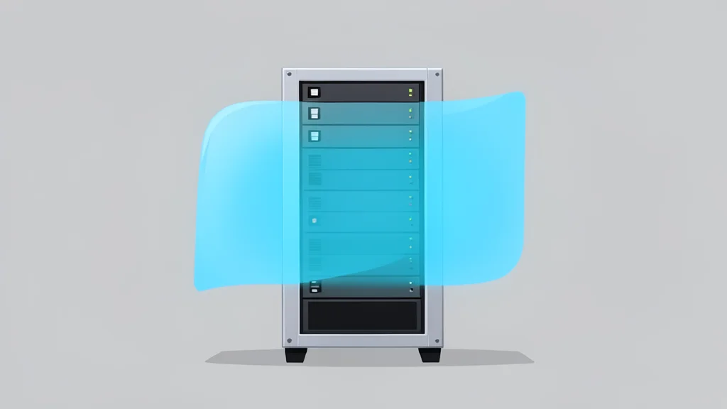 A glowing digital shield protecting a server rack