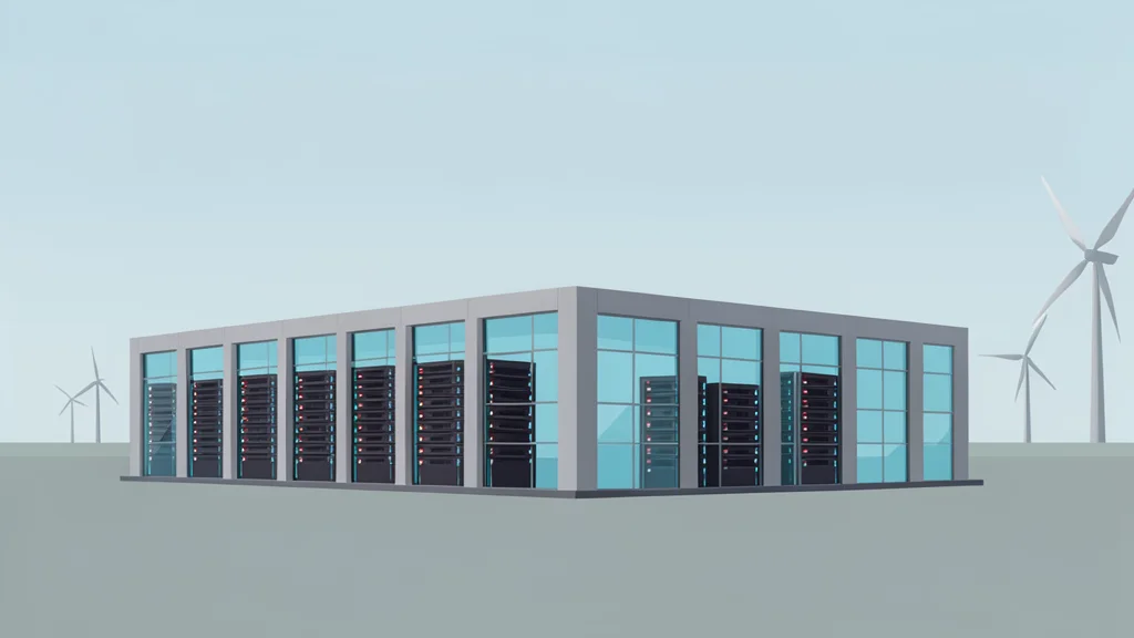 A modern data center building with server racks visible through glass windows, set in a flat landscape with wind turbines in the distance.