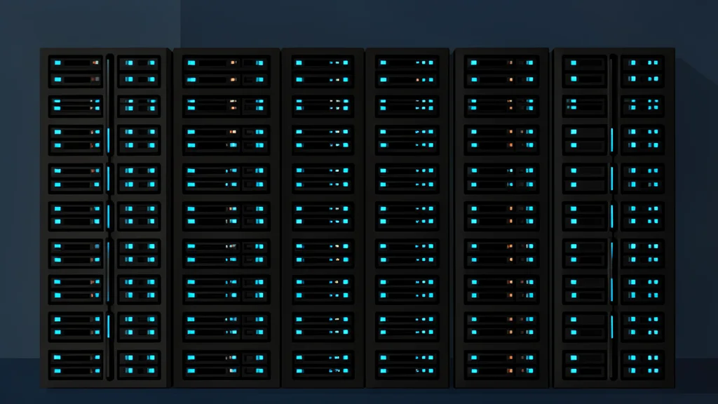 A dense array of black server racks with glowing blue status lights in a dark room
