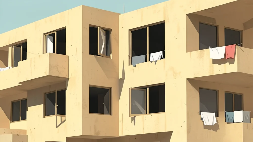 A sun-bleached concrete apartment building facade with open windows and hanging laundry, bathed in harsh, hazy sunlight.