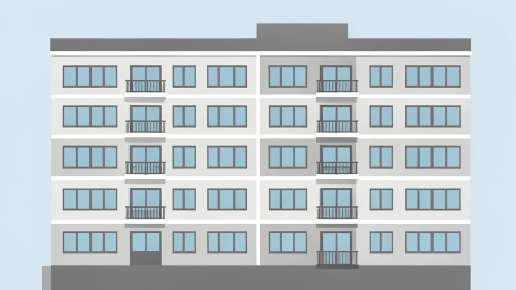 A modern multi-story apartment building facade with rows of windows and balconies