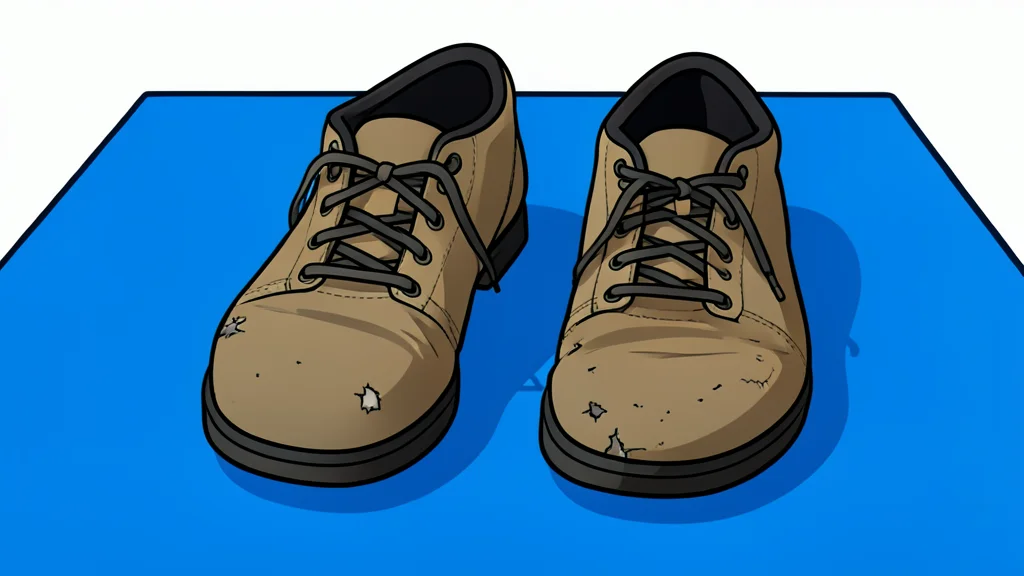 A pair of worn wrestling shoes resting on a blue mat
