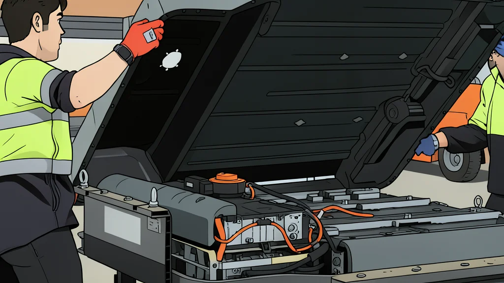 A large rectangular battery pack sits on a concrete floor in an industrial setting.