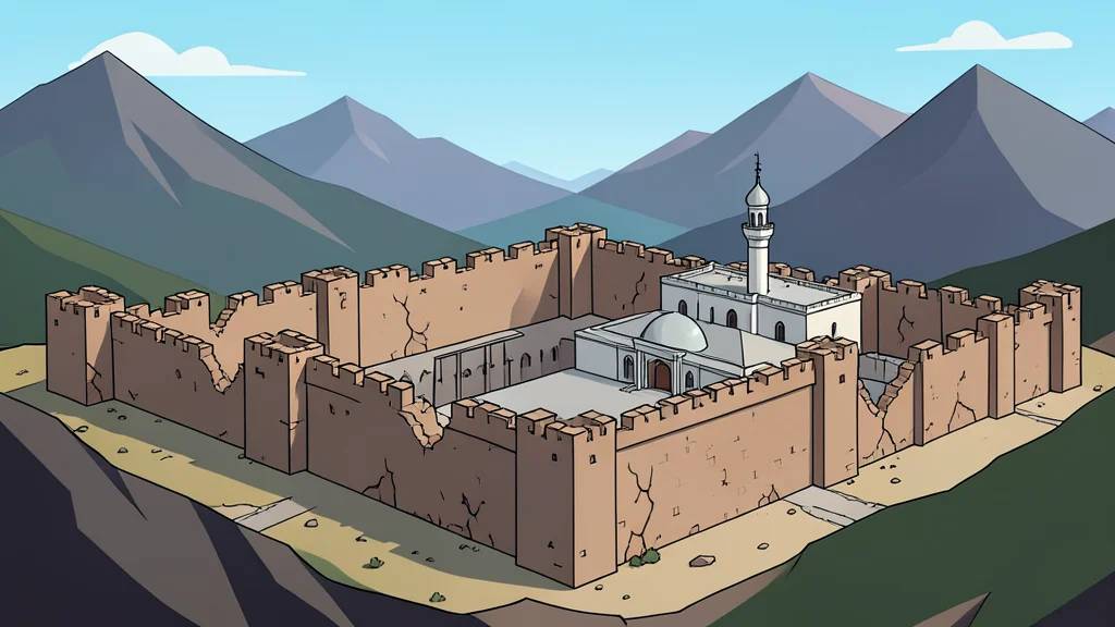 A fortified police compound with damaged walls and a mosque structure in a mountainous region