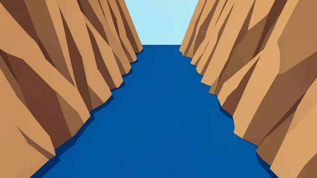 A narrow, deep blue waterway flanked by steep, arid rocky cliffs on both sides