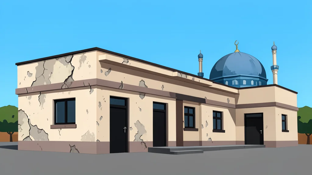 A weathered police station building with a damaged wall and a nearby mosque dome under a clear sky