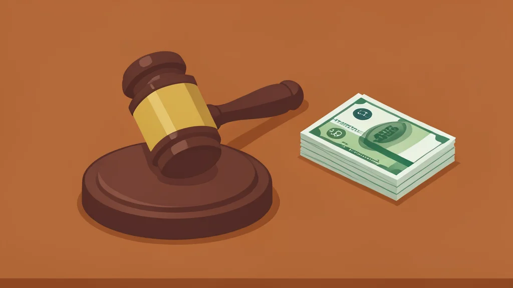 A wooden gavel resting on a polished desk surface next to a stack of paper currency