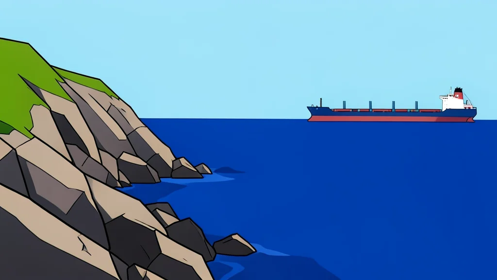 A rocky coastline bordering a deep blue sea with a large cargo ship in the distance