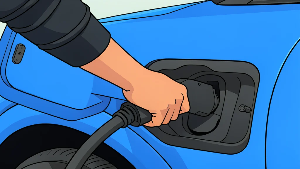 A modern electric vehicle charging station with a cable plugged into a car port, set against a backdrop of a suburban street.