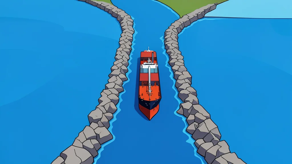 A flat vector illustration of a large oil tanker navigating a narrow rocky strait between two large bodies of water.