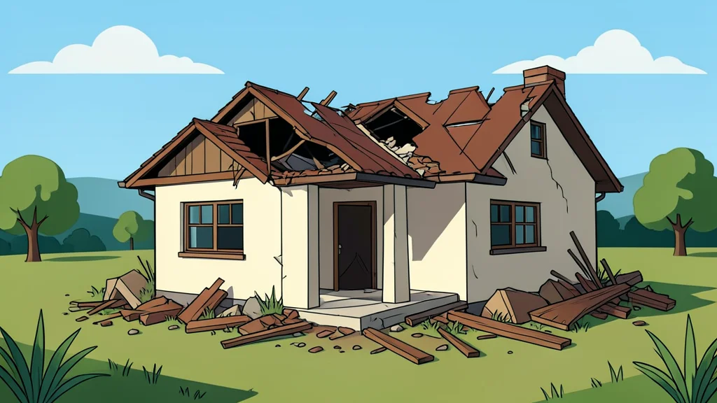 A damaged residential house with a broken roof and scattered debris in a rural landscape