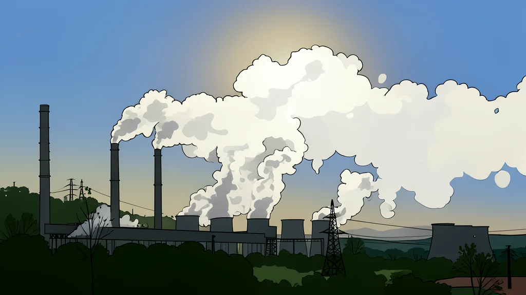 A high-voltage transmission tower standing in a rural landscape with power lines stretching into the distance